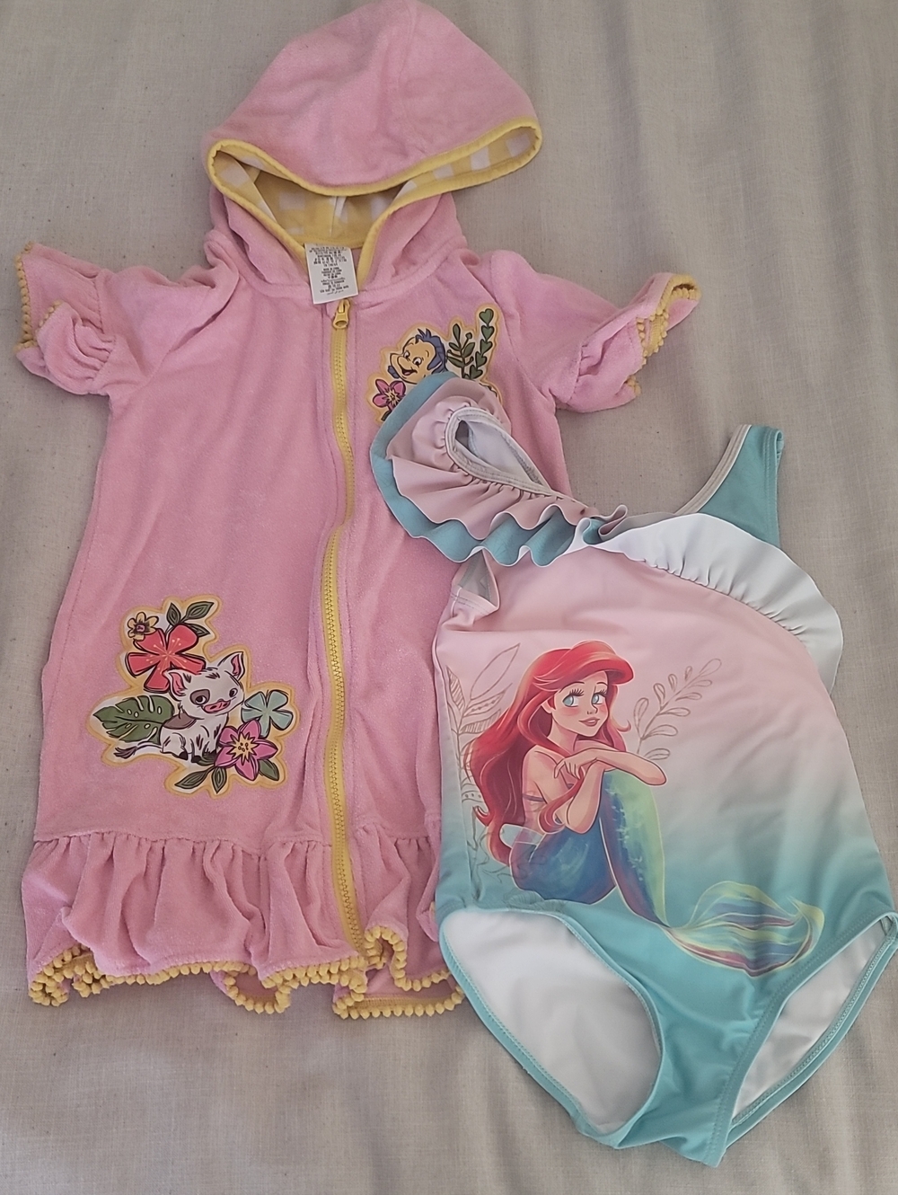 Disney Pink Hooded Cover-Up & Pink/Teal Ariel One-Piece Swimsuit, Size 7/8